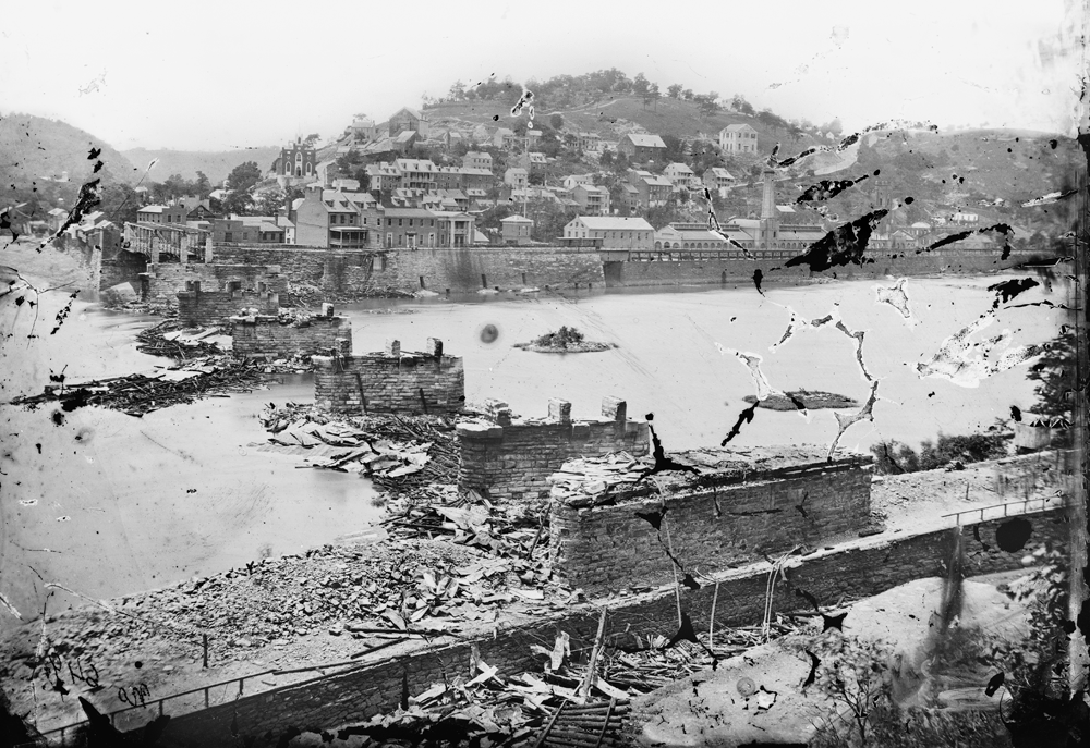 Photograph of Harper's Ferry, West Virginia and the ruins of the railroad bridge