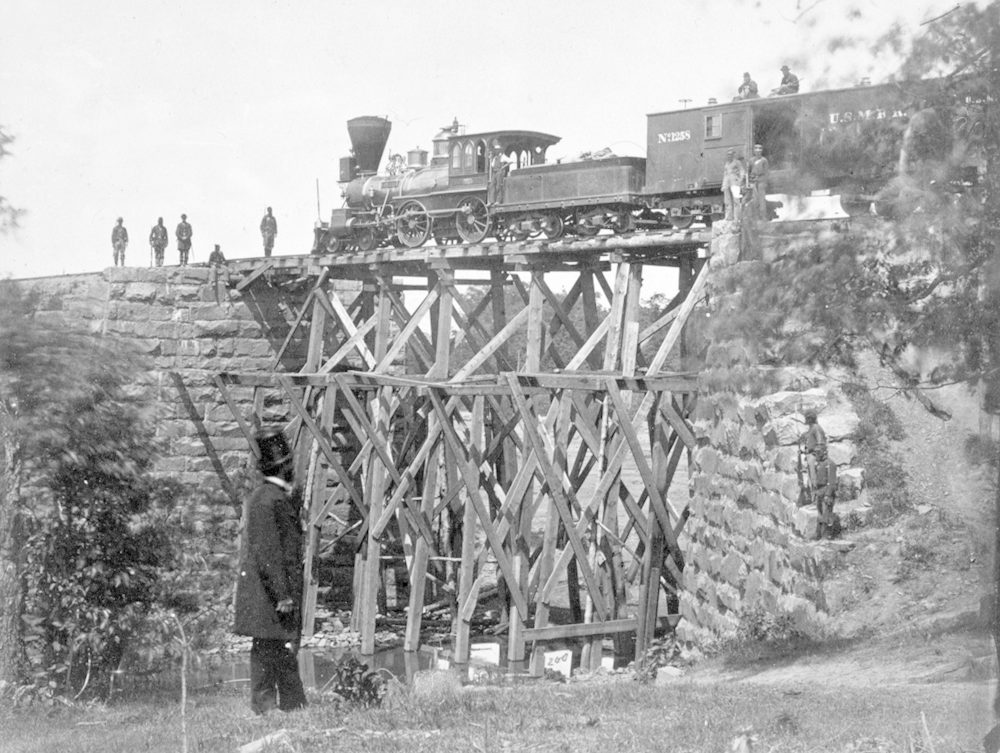 Photograph of railroad bridge on the Orange & Alexandria Virginia Railroad,  as repaired by army engineers under Colonel Herman Haupt